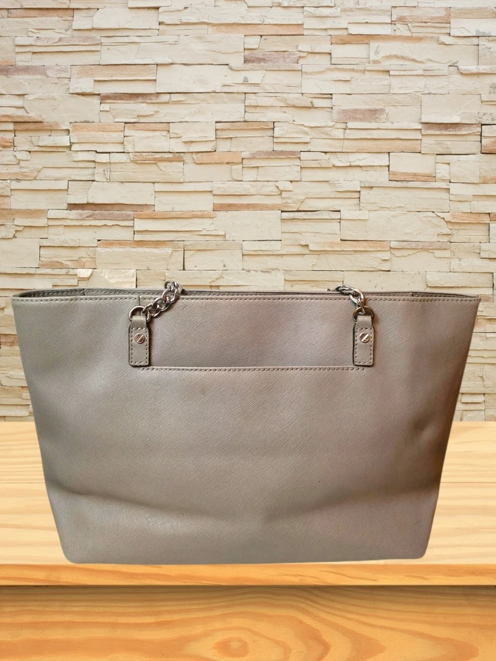 Michael Kors Large Saffiano Leather Beige Taupe Chain Tote Gold Accents